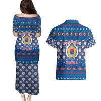 Korea Christmas Couples Matching Puletasi and Hawaiian Shirt with Bear in Hanbok National Emblem and Traditional Boat Pattern Design - Wonder Print Shop
