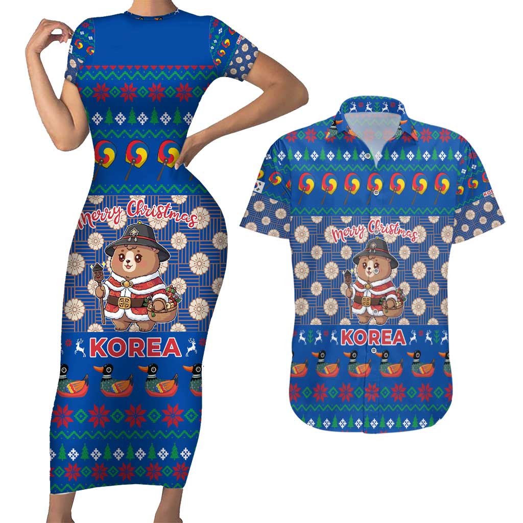 Korea Christmas Couples Matching Short Sleeve Bodycon Dress and Hawaiian Shirt with Bear in Hanbok National Emblem and Traditional Boat Pattern Design - Wonder Print Shop