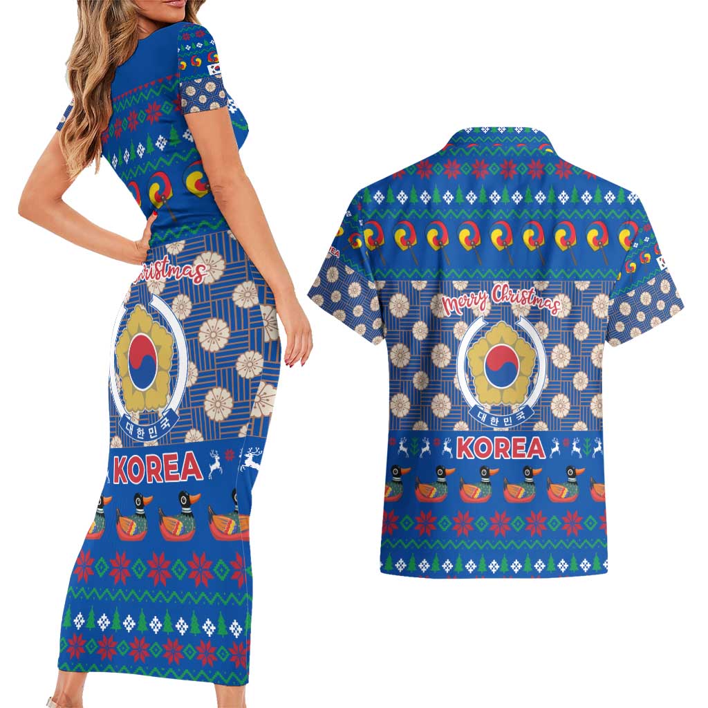 Korea Christmas Couples Matching Short Sleeve Bodycon Dress and Hawaiian Shirt with Bear in Hanbok National Emblem and Traditional Boat Pattern Design - Wonder Print Shop