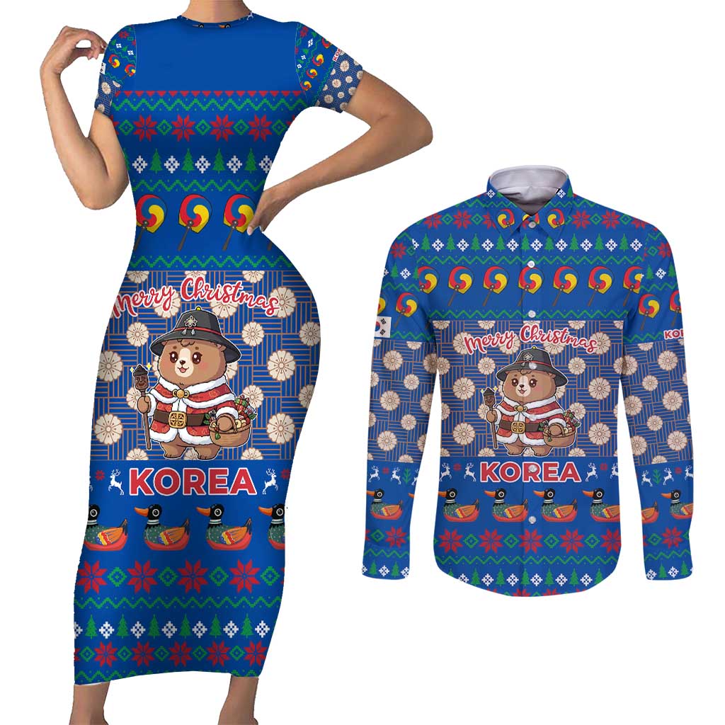 Korea Christmas Couples Matching Short Sleeve Bodycon Dress and Long Sleeve Button Shirt with Bear in Hanbok National Emblem and Traditional Boat Pattern Design - Wonder Print Shop