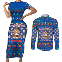 Korea Christmas Couples Matching Short Sleeve Bodycon Dress and Long Sleeve Button Shirt with Bear in Hanbok National Emblem and Traditional Boat Pattern Design - Wonder Print Shop