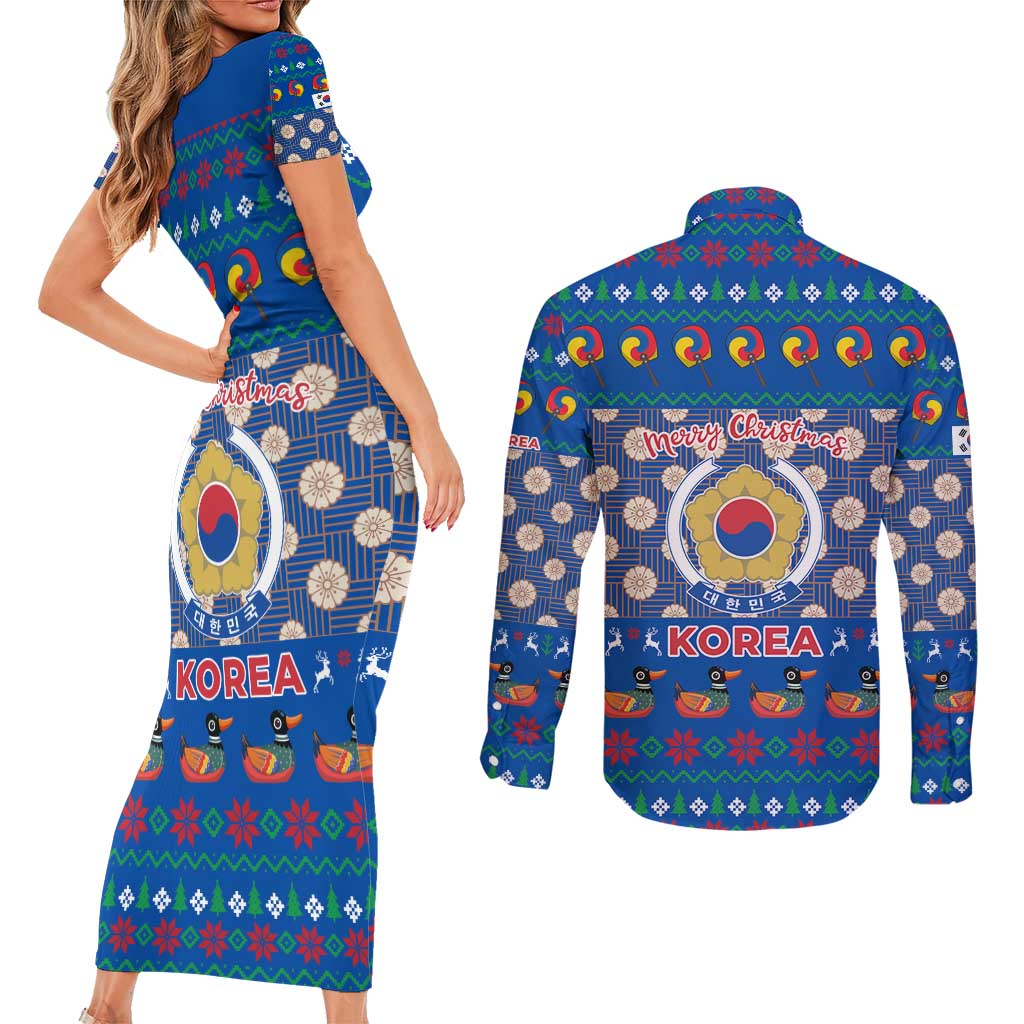 Korea Christmas Couples Matching Short Sleeve Bodycon Dress and Long Sleeve Button Shirt with Bear in Hanbok National Emblem and Traditional Boat Pattern Design - Wonder Print Shop