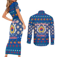 Korea Christmas Couples Matching Short Sleeve Bodycon Dress and Long Sleeve Button Shirt with Bear in Hanbok National Emblem and Traditional Boat Pattern Design - Wonder Print Shop