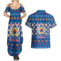 Korea Christmas Couples Matching Summer Maxi Dress and Hawaiian Shirt with Bear in Hanbok National Emblem and Traditional Boat Pattern Design - Wonder Print Shop