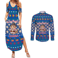 Korea Christmas Couples Matching Summer Maxi Dress and Long Sleeve Button Shirt with Bear in Hanbok National Emblem and Traditional Boat Pattern Design - Wonder Print Shop