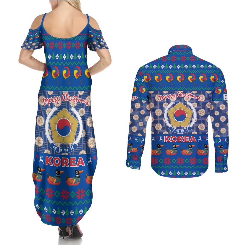 Korea Christmas Couples Matching Summer Maxi Dress and Long Sleeve Button Shirt with Bear in Hanbok National Emblem and Traditional Boat Pattern Design - Wonder Print Shop