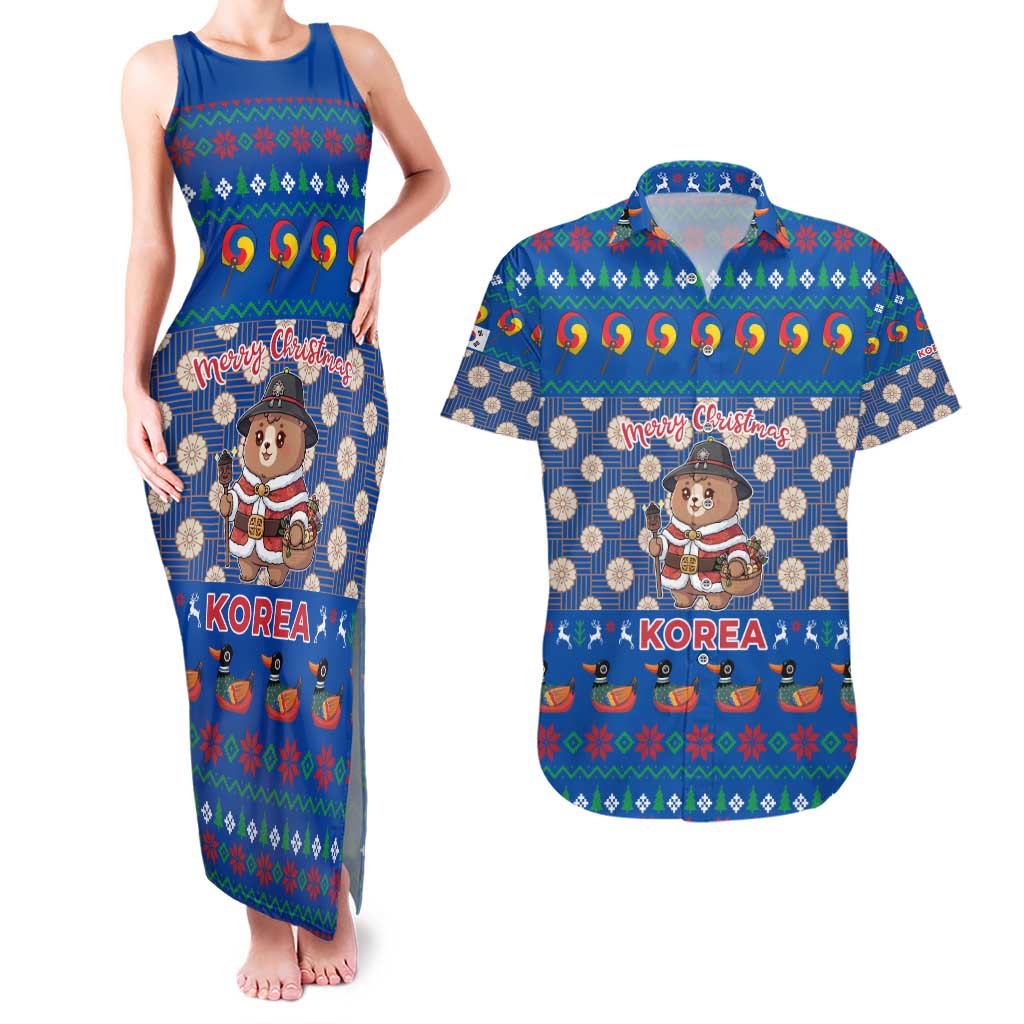 Korea Christmas Couples Matching Tank Maxi Dress and Hawaiian Shirt with Bear in Hanbok National Emblem and Traditional Boat Pattern Design - Wonder Print Shop