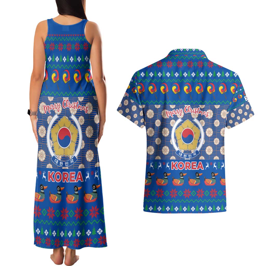 Korea Christmas Couples Matching Tank Maxi Dress and Hawaiian Shirt with Bear in Hanbok National Emblem and Traditional Boat Pattern Design - Wonder Print Shop