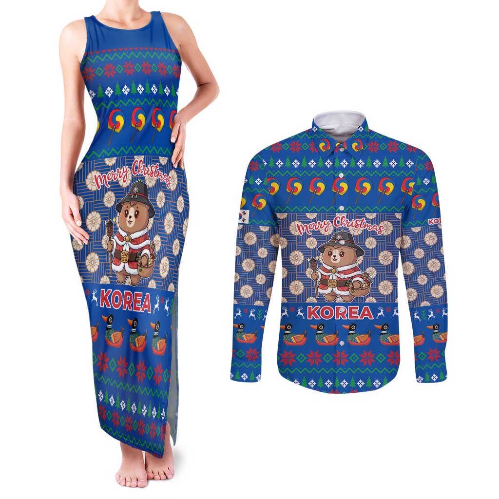 Korea Christmas Couples Matching Tank Maxi Dress and Long Sleeve Button Shirt with Bear in Hanbok National Emblem and Traditional Boat Pattern Design - Wonder Print Shop