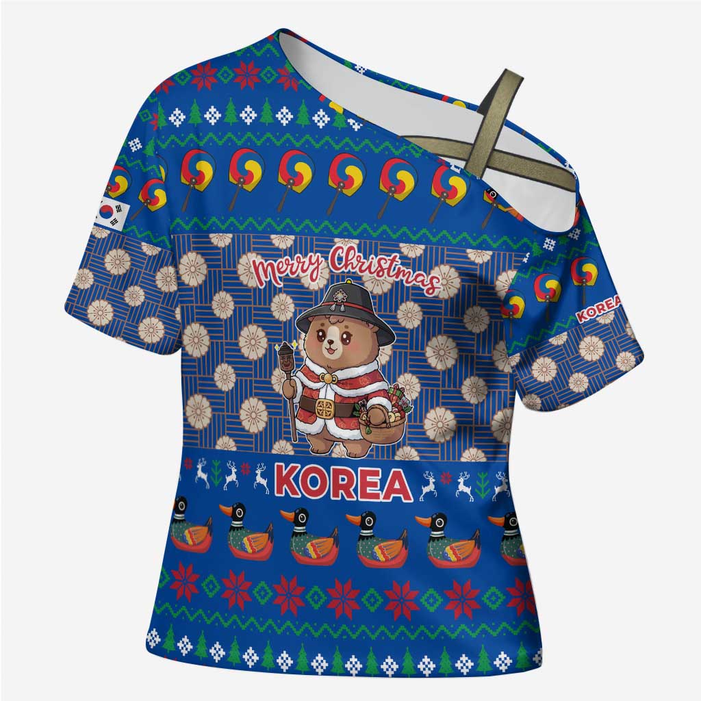 Korea Christmas Cross Shoulder Shirt with Bear in Hanbok National Emblem and Traditional Boat Pattern Design - Wonder Print Shop
