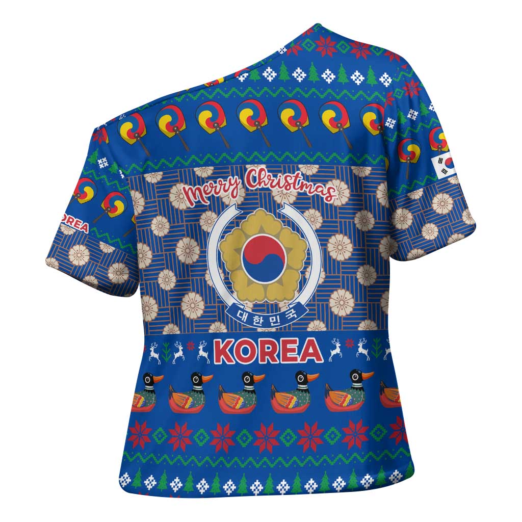 Korea Christmas Cross Shoulder Shirt with Bear in Hanbok National Emblem and Traditional Boat Pattern Design - Wonder Print Shop