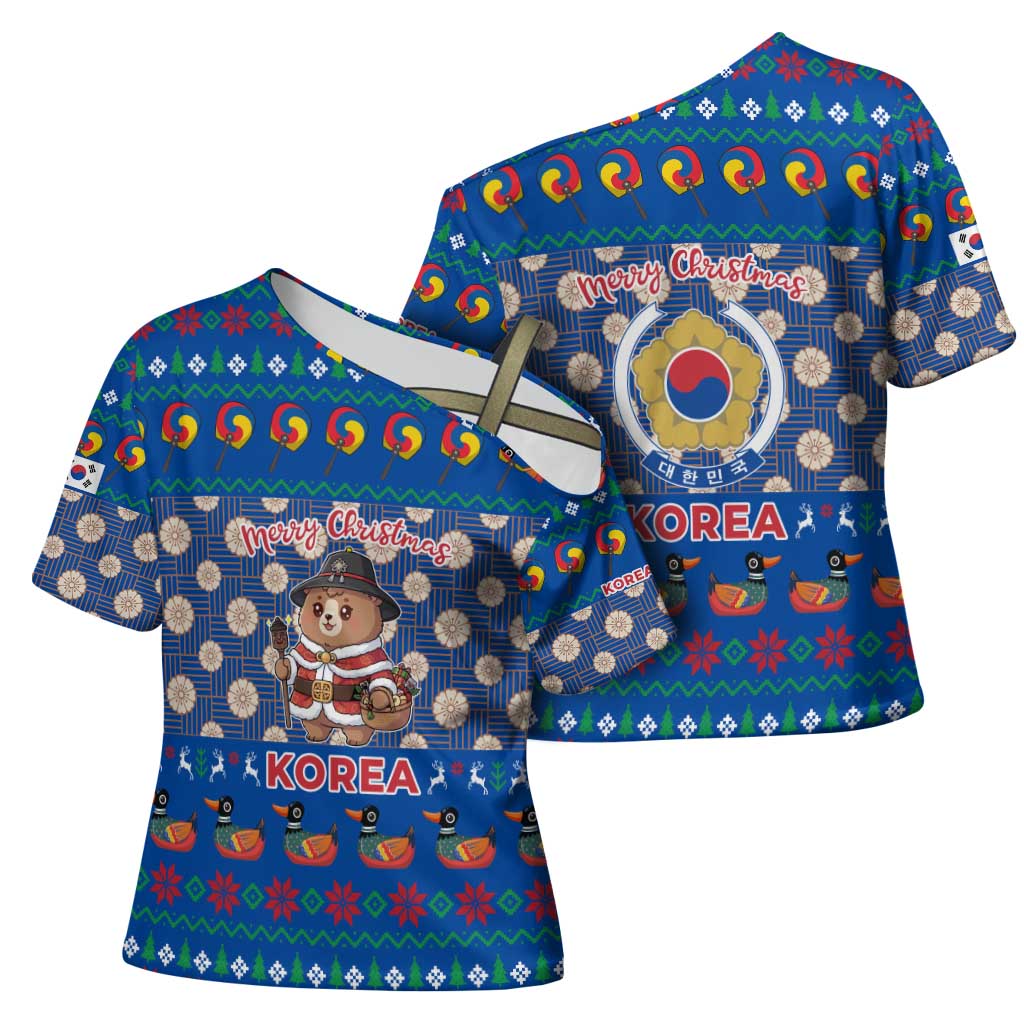 Korea Christmas Cross Shoulder Shirt with Bear in Hanbok National Emblem and Traditional Boat Pattern Design - Wonder Print Shop