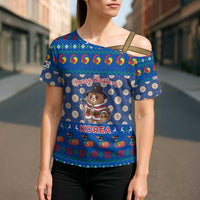 Korea Christmas Cross Shoulder Shirt with Bear in Hanbok National Emblem and Traditional Boat Pattern Design - Wonder Print Shop