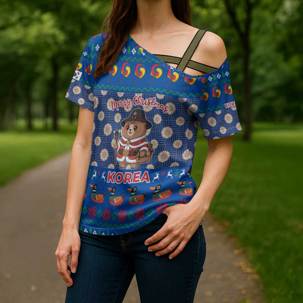 Korea Christmas Cross Shoulder Shirt with Bear in Hanbok National Emblem and Traditional Boat Pattern Design - Wonder Print Shop