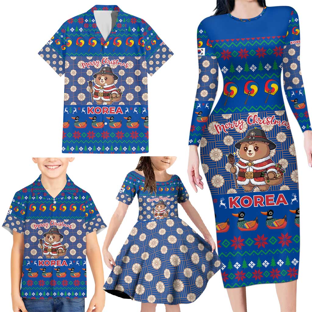 Korea Christmas Family Matching Long Sleeve Bodycon Dress and Hawaiian Shirt with Bear in Hanbok National Emblem and Traditional Boat Pattern Design - Wonder Print Shop