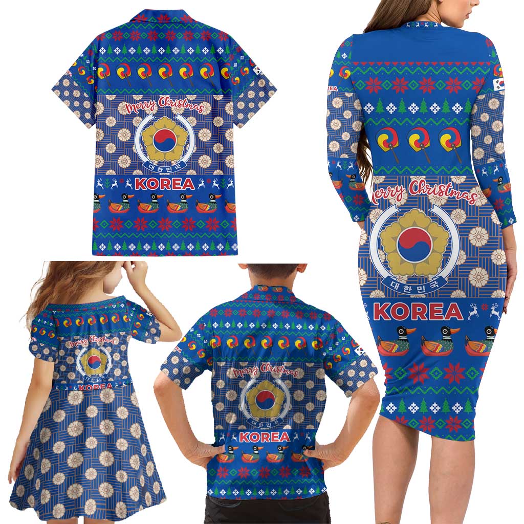 Korea Christmas Family Matching Long Sleeve Bodycon Dress and Hawaiian Shirt with Bear in Hanbok National Emblem and Traditional Boat Pattern Design - Wonder Print Shop