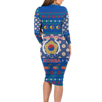 Korea Christmas Family Matching Long Sleeve Bodycon Dress and Hawaiian Shirt with Bear in Hanbok National Emblem and Traditional Boat Pattern Design - Wonder Print Shop
