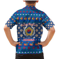 Korea Christmas Family Matching Mermaid Dress and Hawaiian Shirt with Bear in Hanbok National Emblem and Traditional Boat Pattern Design - Wonder Print Shop