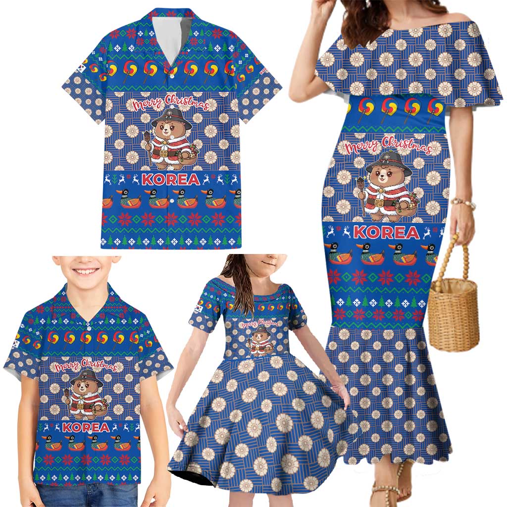 Korea Christmas Family Matching Mermaid Dress and Hawaiian Shirt with Bear in Hanbok National Emblem and Traditional Boat Pattern Design - Wonder Print Shop