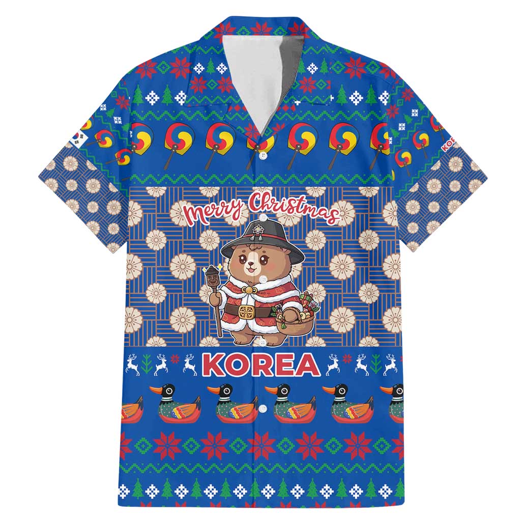 Korea Christmas Family Matching Mermaid Dress and Hawaiian Shirt with Bear in Hanbok National Emblem and Traditional Boat Pattern Design - Wonder Print Shop