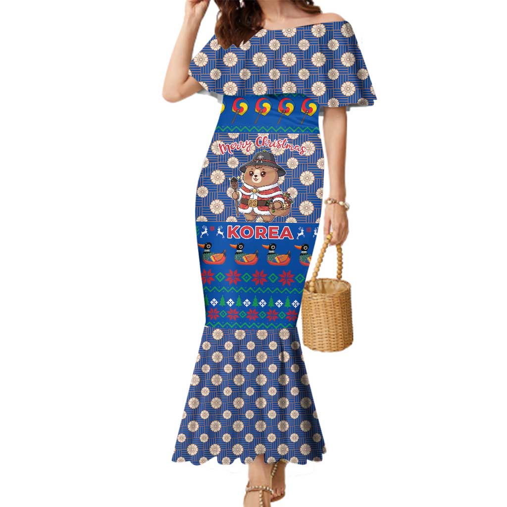 Korea Christmas Family Matching Mermaid Dress and Hawaiian Shirt with Bear in Hanbok National Emblem and Traditional Boat Pattern Design - Wonder Print Shop