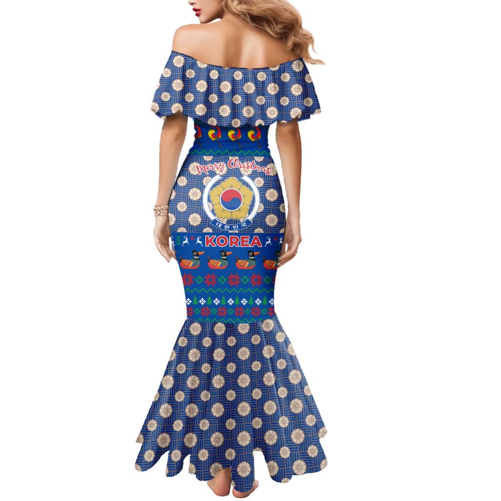 Korea Christmas Family Matching Mermaid Dress and Hawaiian Shirt with Bear in Hanbok National Emblem and Traditional Boat Pattern Design - Wonder Print Shop