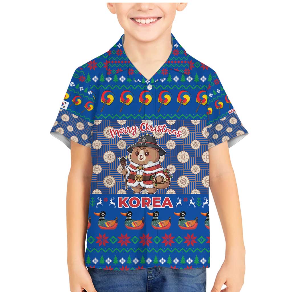 Korea Christmas Family Matching Mermaid Dress and Hawaiian Shirt with Bear in Hanbok National Emblem and Traditional Boat Pattern Design - Wonder Print Shop