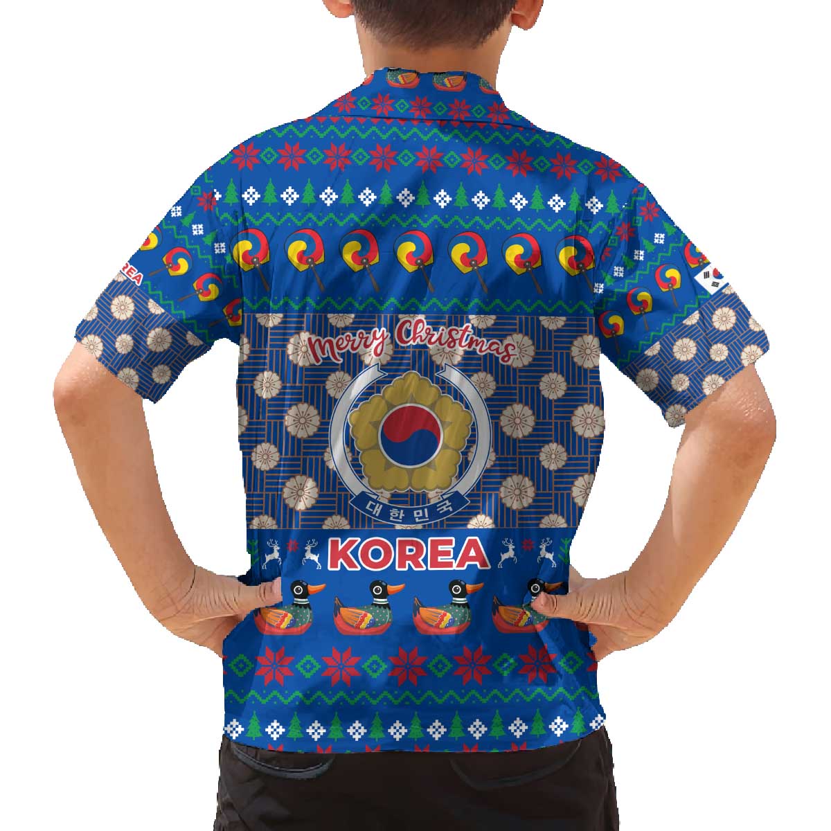 Korea Christmas Family Matching Off The Shoulder Long Sleeve Dress and Hawaiian Shirt with Bear in Hanbok National Emblem and Traditional Boat Pattern Design - Wonder Print Shop