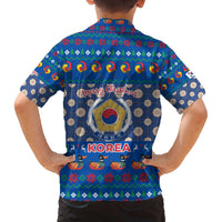Korea Christmas Family Matching Off The Shoulder Long Sleeve Dress and Hawaiian Shirt with Bear in Hanbok National Emblem and Traditional Boat Pattern Design - Wonder Print Shop