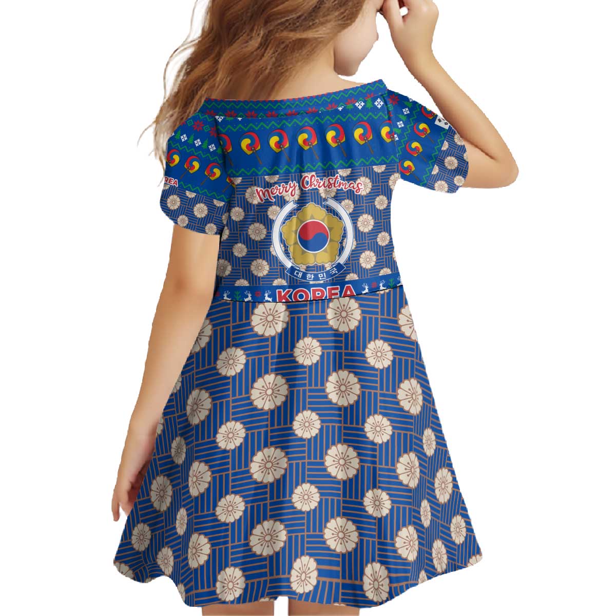 Korea Christmas Family Matching Off The Shoulder Long Sleeve Dress and Hawaiian Shirt with Bear in Hanbok National Emblem and Traditional Boat Pattern Design - Wonder Print Shop
