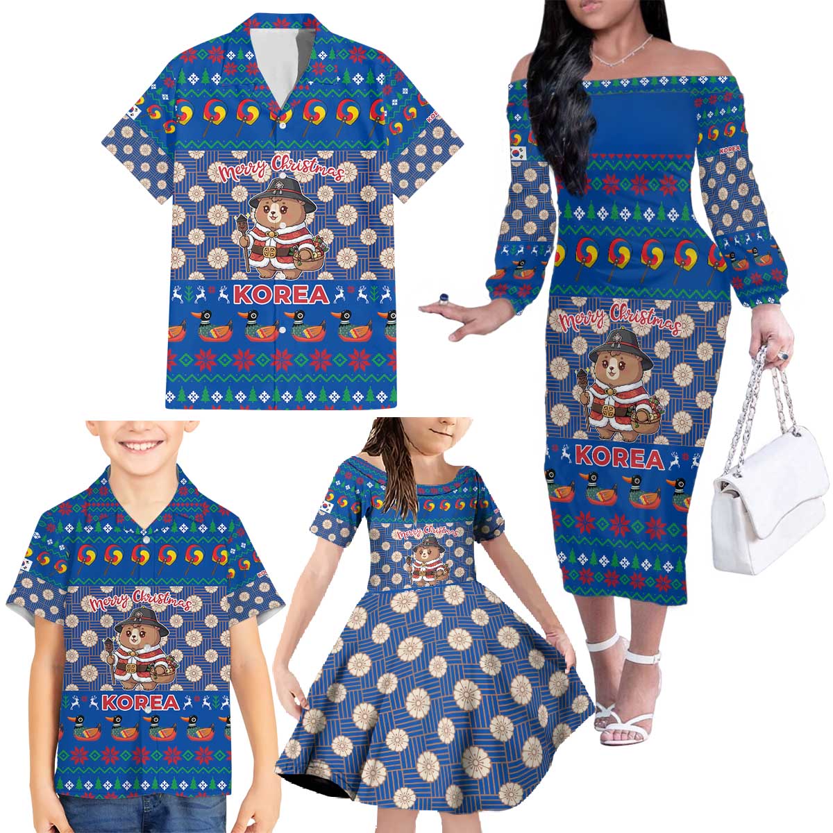 Korea Christmas Family Matching Off The Shoulder Long Sleeve Dress and Hawaiian Shirt with Bear in Hanbok National Emblem and Traditional Boat Pattern Design - Wonder Print Shop