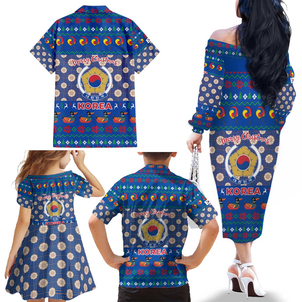 Korea Christmas Family Matching Off The Shoulder Long Sleeve Dress and Hawaiian Shirt with Bear in Hanbok National Emblem and Traditional Boat Pattern Design - Wonder Print Shop