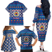 Korea Christmas Family Matching Off The Shoulder Long Sleeve Dress and Hawaiian Shirt with Bear in Hanbok National Emblem and Traditional Boat Pattern Design - Wonder Print Shop