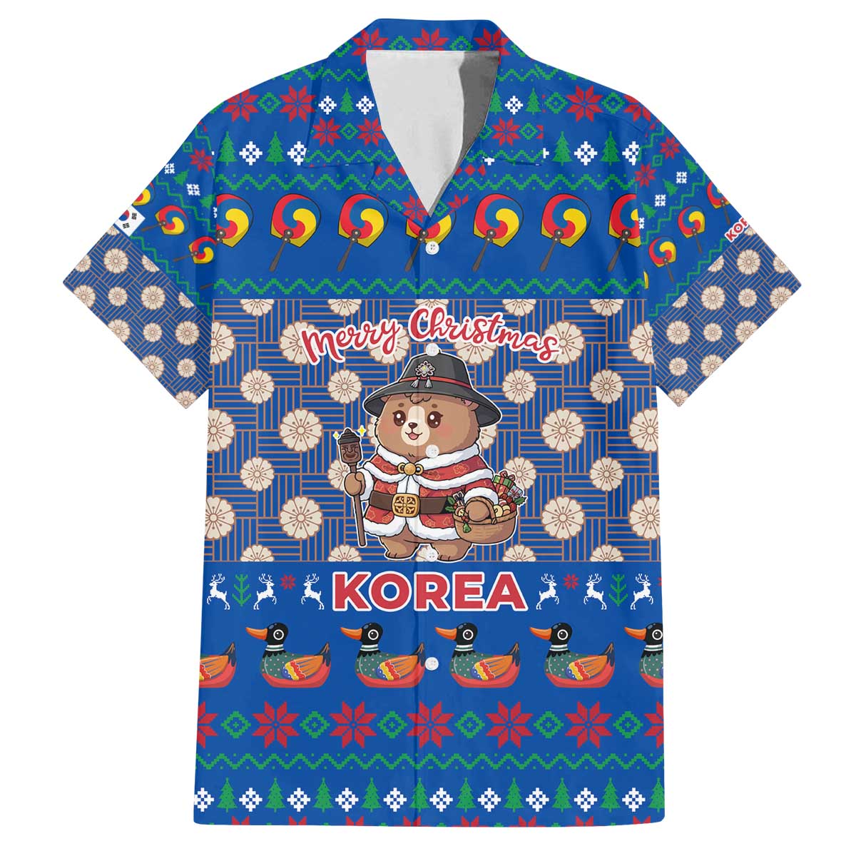 Korea Christmas Family Matching Off The Shoulder Long Sleeve Dress and Hawaiian Shirt with Bear in Hanbok National Emblem and Traditional Boat Pattern Design - Wonder Print Shop