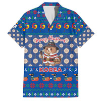 Korea Christmas Family Matching Off The Shoulder Long Sleeve Dress and Hawaiian Shirt with Bear in Hanbok National Emblem and Traditional Boat Pattern Design - Wonder Print Shop