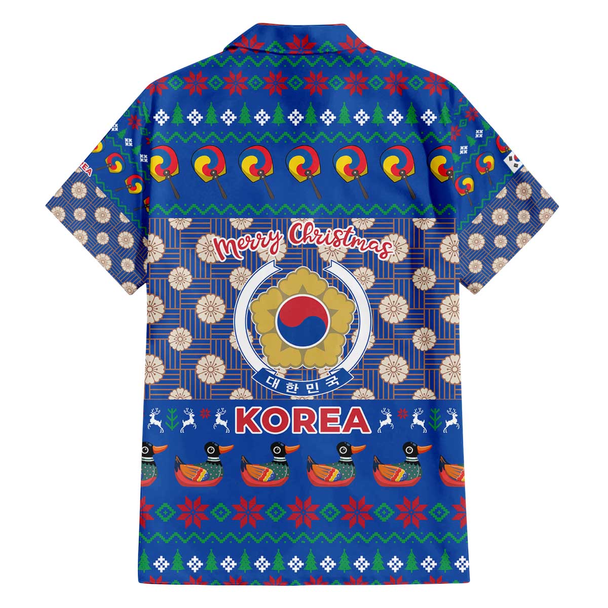 Korea Christmas Family Matching Off The Shoulder Long Sleeve Dress and Hawaiian Shirt with Bear in Hanbok National Emblem and Traditional Boat Pattern Design - Wonder Print Shop