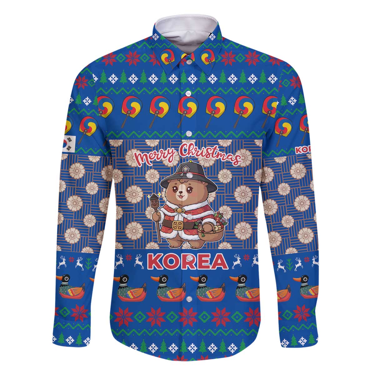 Korea Christmas Family Matching Off The Shoulder Long Sleeve Dress and Hawaiian Shirt with Bear in Hanbok National Emblem and Traditional Boat Pattern Design - Wonder Print Shop