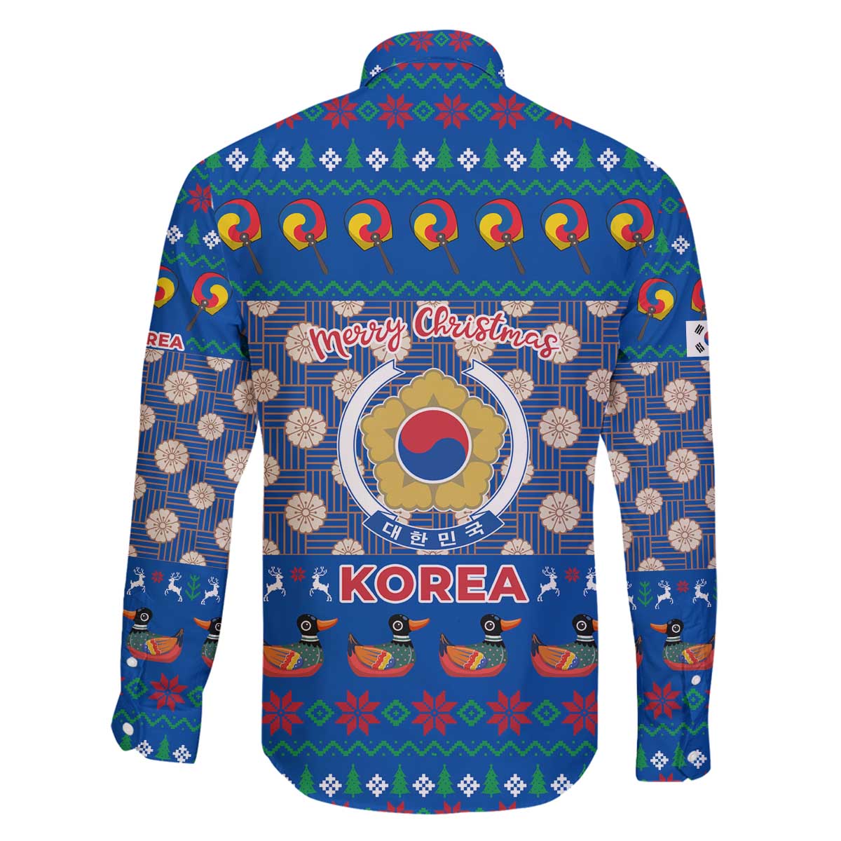 Korea Christmas Family Matching Off The Shoulder Long Sleeve Dress and Hawaiian Shirt with Bear in Hanbok National Emblem and Traditional Boat Pattern Design - Wonder Print Shop