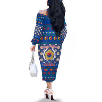 Korea Christmas Family Matching Off The Shoulder Long Sleeve Dress and Hawaiian Shirt with Bear in Hanbok National Emblem and Traditional Boat Pattern Design - Wonder Print Shop