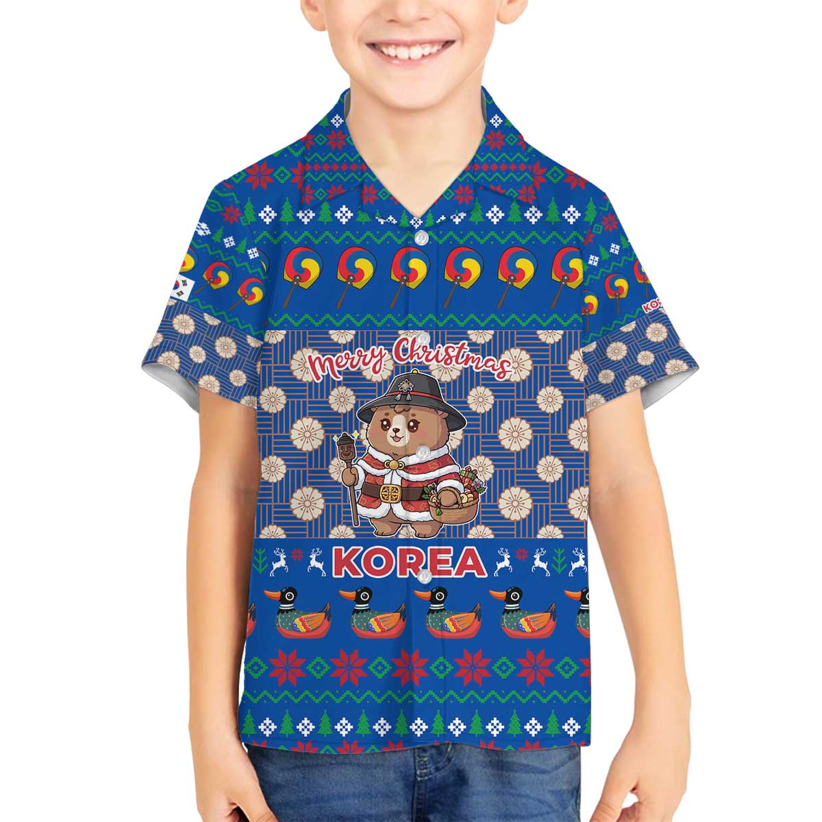 Korea Christmas Family Matching Off The Shoulder Long Sleeve Dress and Hawaiian Shirt with Bear in Hanbok National Emblem and Traditional Boat Pattern Design - Wonder Print Shop
