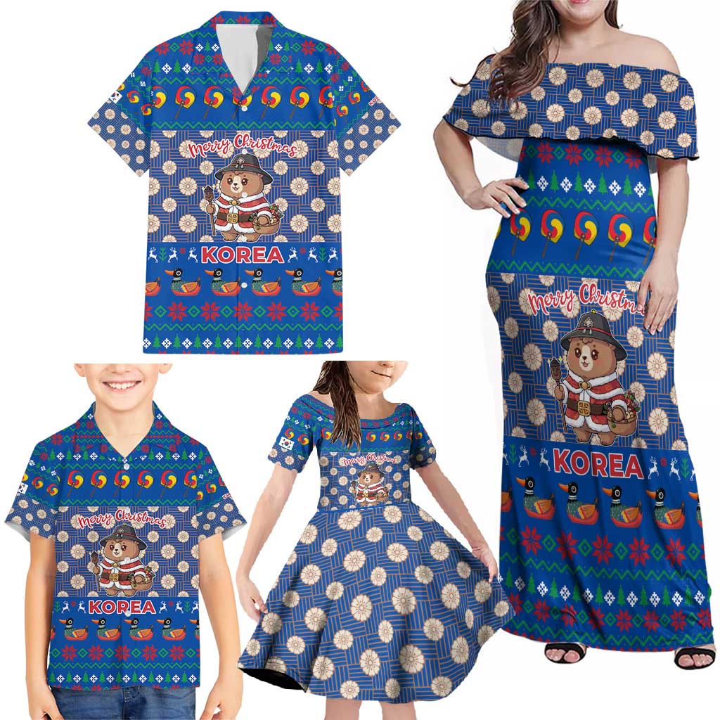Korea Christmas Family Matching Off Shoulder Maxi Dress and Hawaiian Shirt with Bear in Hanbok National Emblem and Traditional Boat Pattern Design - Wonder Print Shop