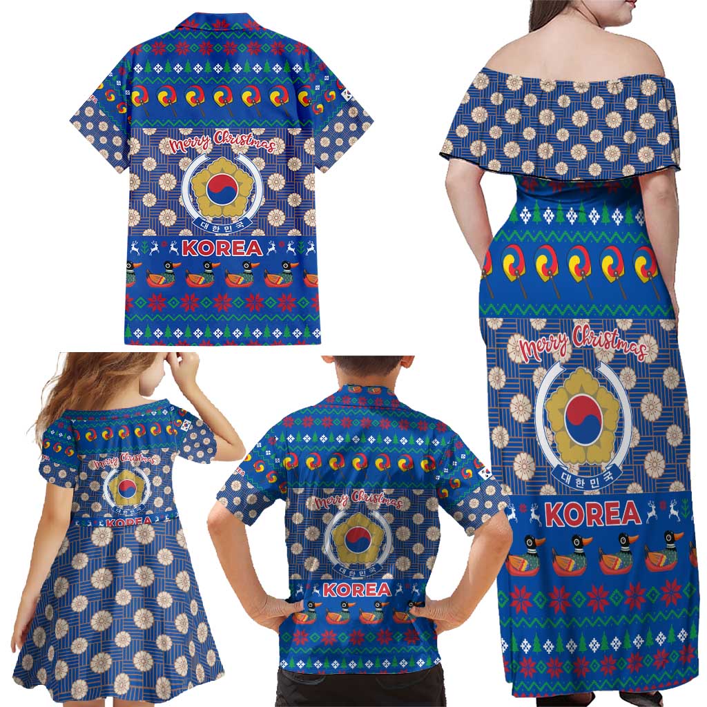 Korea Christmas Family Matching Off Shoulder Maxi Dress and Hawaiian Shirt with Bear in Hanbok National Emblem and Traditional Boat Pattern Design - Wonder Print Shop