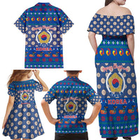 Korea Christmas Family Matching Off Shoulder Maxi Dress and Hawaiian Shirt with Bear in Hanbok National Emblem and Traditional Boat Pattern Design - Wonder Print Shop