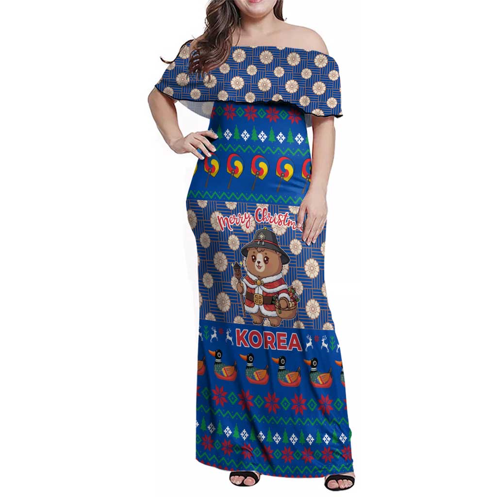 Korea Christmas Family Matching Off Shoulder Maxi Dress and Hawaiian Shirt with Bear in Hanbok National Emblem and Traditional Boat Pattern Design - Wonder Print Shop