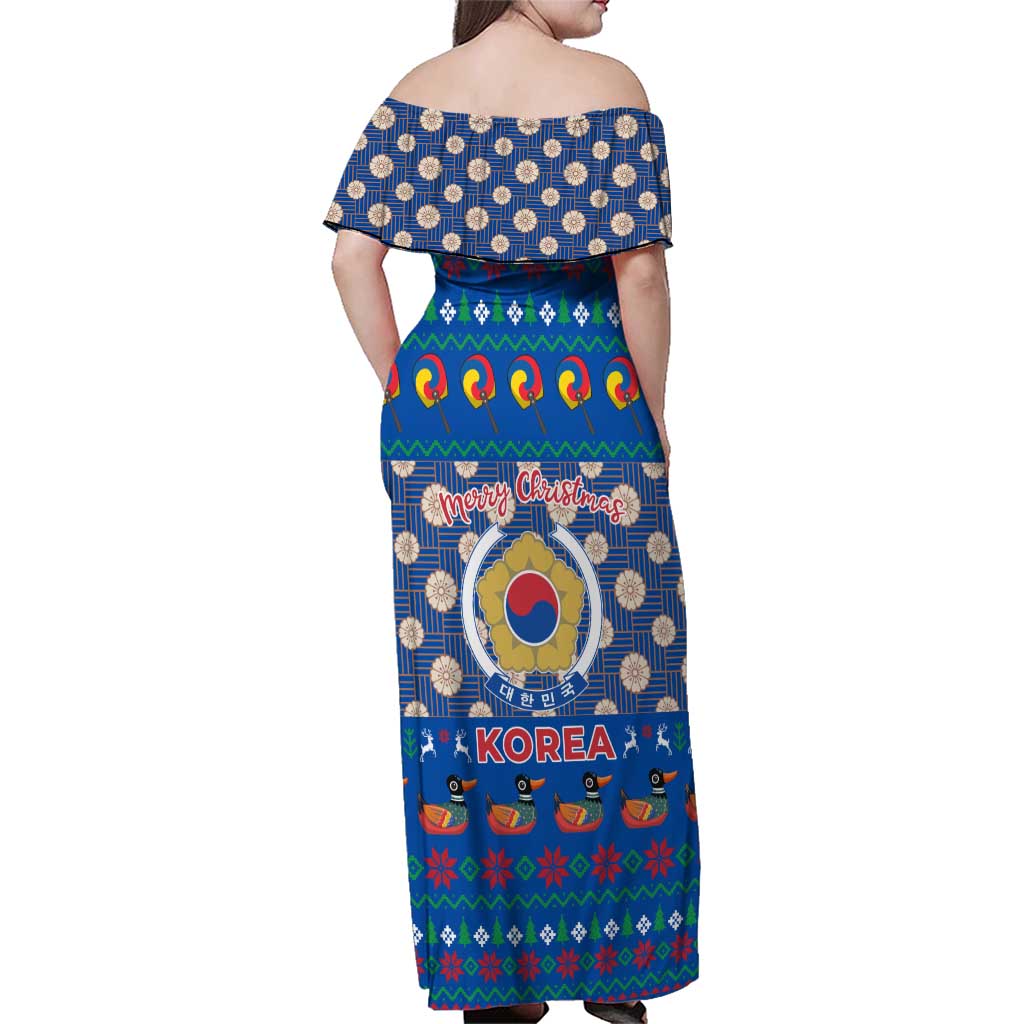 Korea Christmas Family Matching Off Shoulder Maxi Dress and Hawaiian Shirt with Bear in Hanbok National Emblem and Traditional Boat Pattern Design - Wonder Print Shop