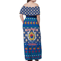 Korea Christmas Family Matching Off Shoulder Maxi Dress and Hawaiian Shirt with Bear in Hanbok National Emblem and Traditional Boat Pattern Design - Wonder Print Shop
