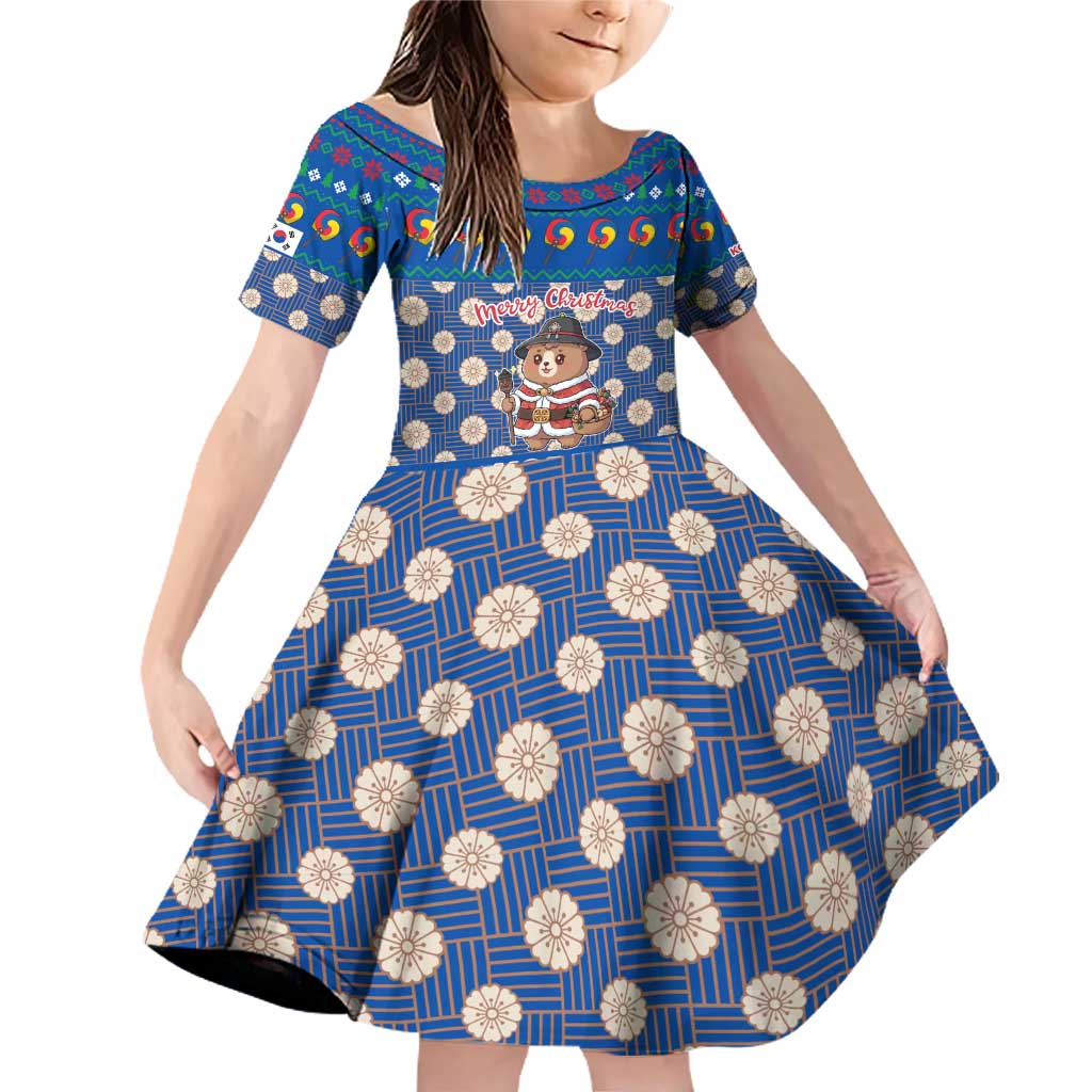 Korea Christmas Family Matching Off Shoulder Short Dress and Hawaiian Shirt with Bear in Hanbok National Emblem and Traditional Boat Pattern Design - Wonder Print Shop