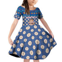 Korea Christmas Family Matching Off Shoulder Short Dress and Hawaiian Shirt with Bear in Hanbok National Emblem and Traditional Boat Pattern Design - Wonder Print Shop