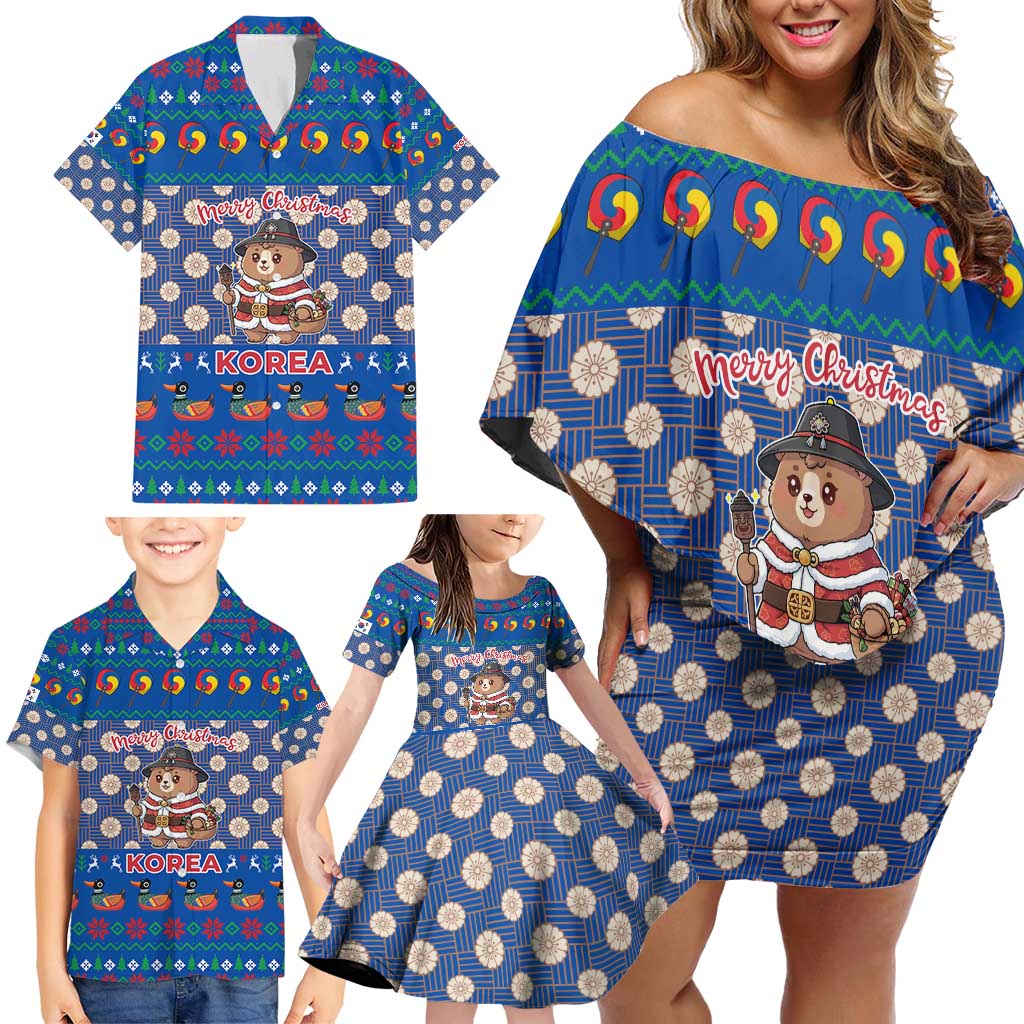 Korea Christmas Family Matching Off Shoulder Short Dress and Hawaiian Shirt with Bear in Hanbok National Emblem and Traditional Boat Pattern Design - Wonder Print Shop