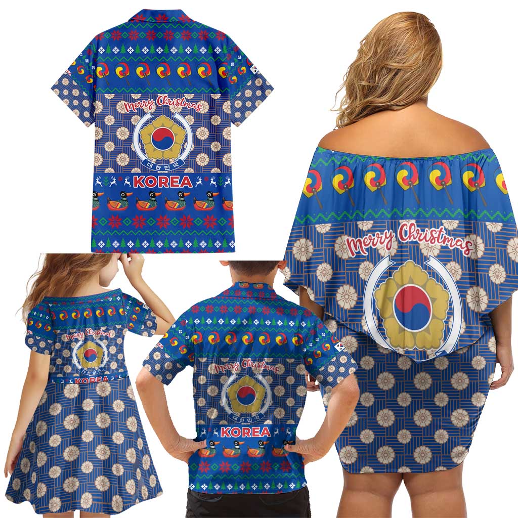 Korea Christmas Family Matching Off Shoulder Short Dress and Hawaiian Shirt with Bear in Hanbok National Emblem and Traditional Boat Pattern Design - Wonder Print Shop